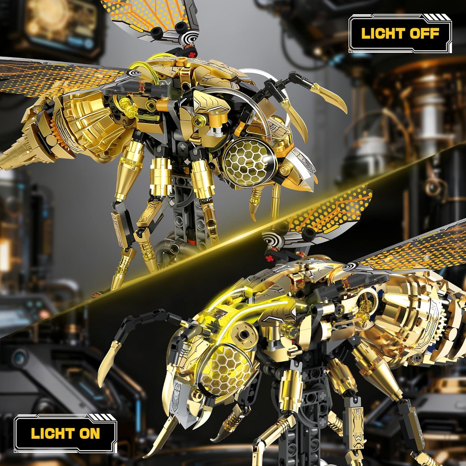 Mechanical Bee Building Set for Adults, Technic Animal Building Block Insect Model with Lights & Moving Wings, Golden Robot Bee Collectible Toy Kit, Creative Display & Gift Idea, 832Pcs