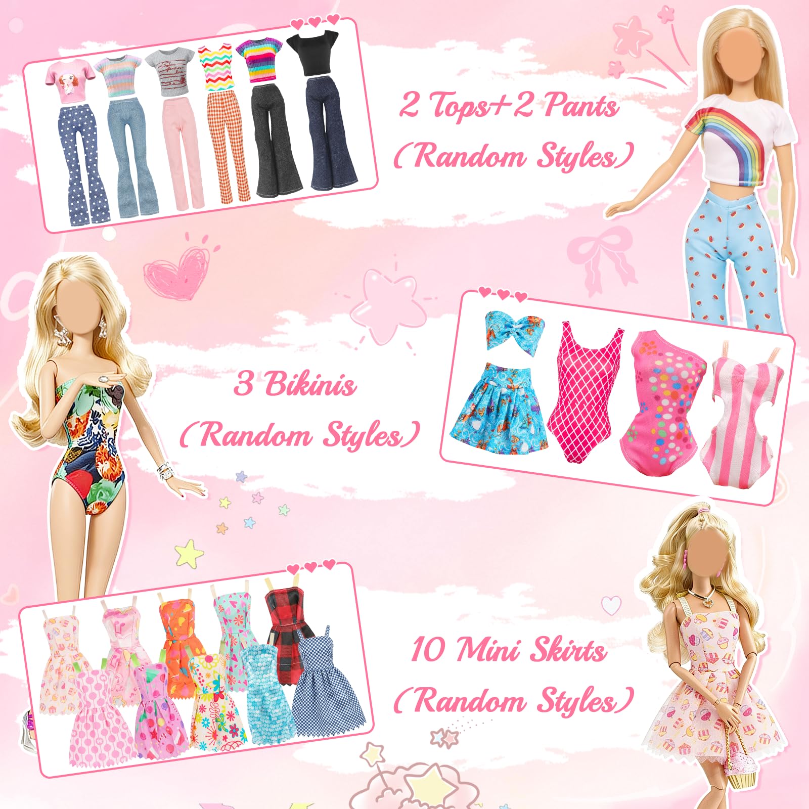 44 sztuki ubranek i akcesoriów dla lalek: 2 eleganckie sukienki, 2 suknie wieczorowe, 2 stroje (top + spodnie), 10 sukienek mini, 3 bikini, 10 par butów i 15 akcesoriów dla lalki 11,5-calowej.