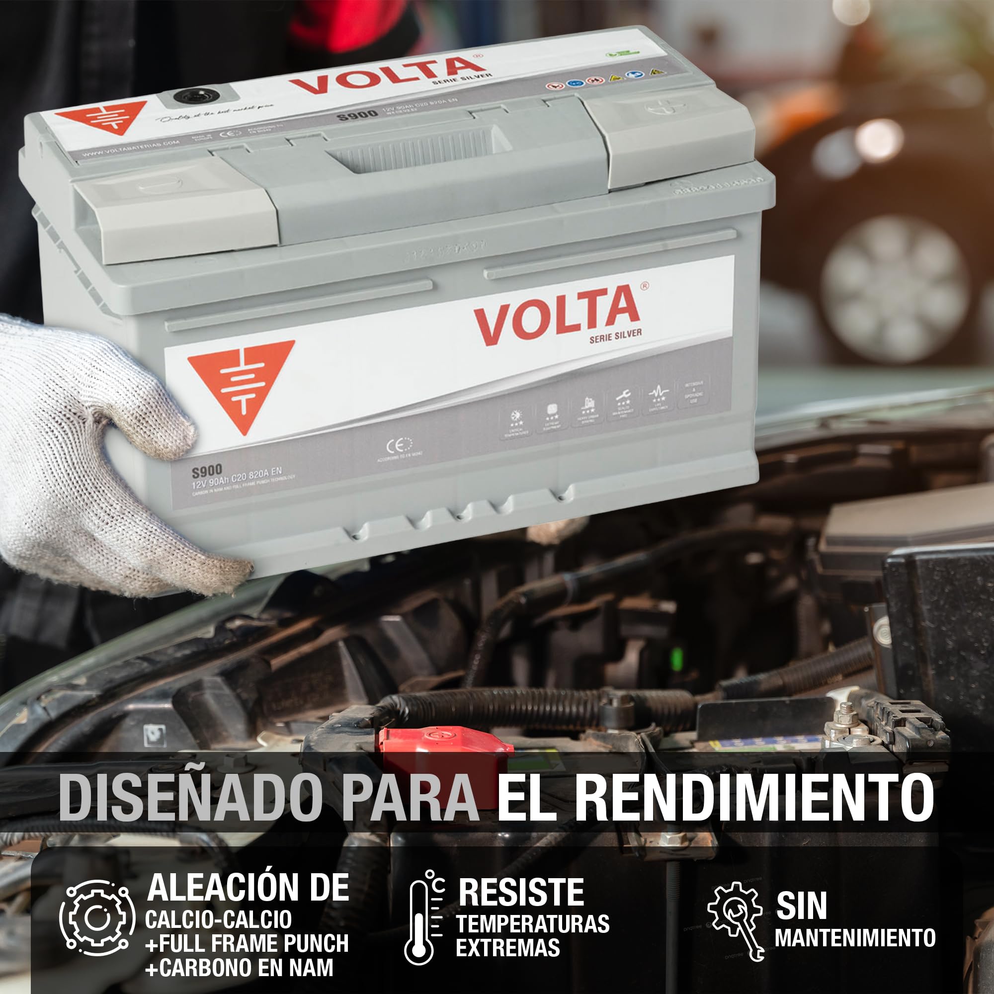Bateria de Coche 90Ah 820A - Volta Silver S900D - Borne +Dcha - Medidas Largo 315 x Ancho 175 x Alto 175 mm con 2 años de Garantía - Fabricación Europea.