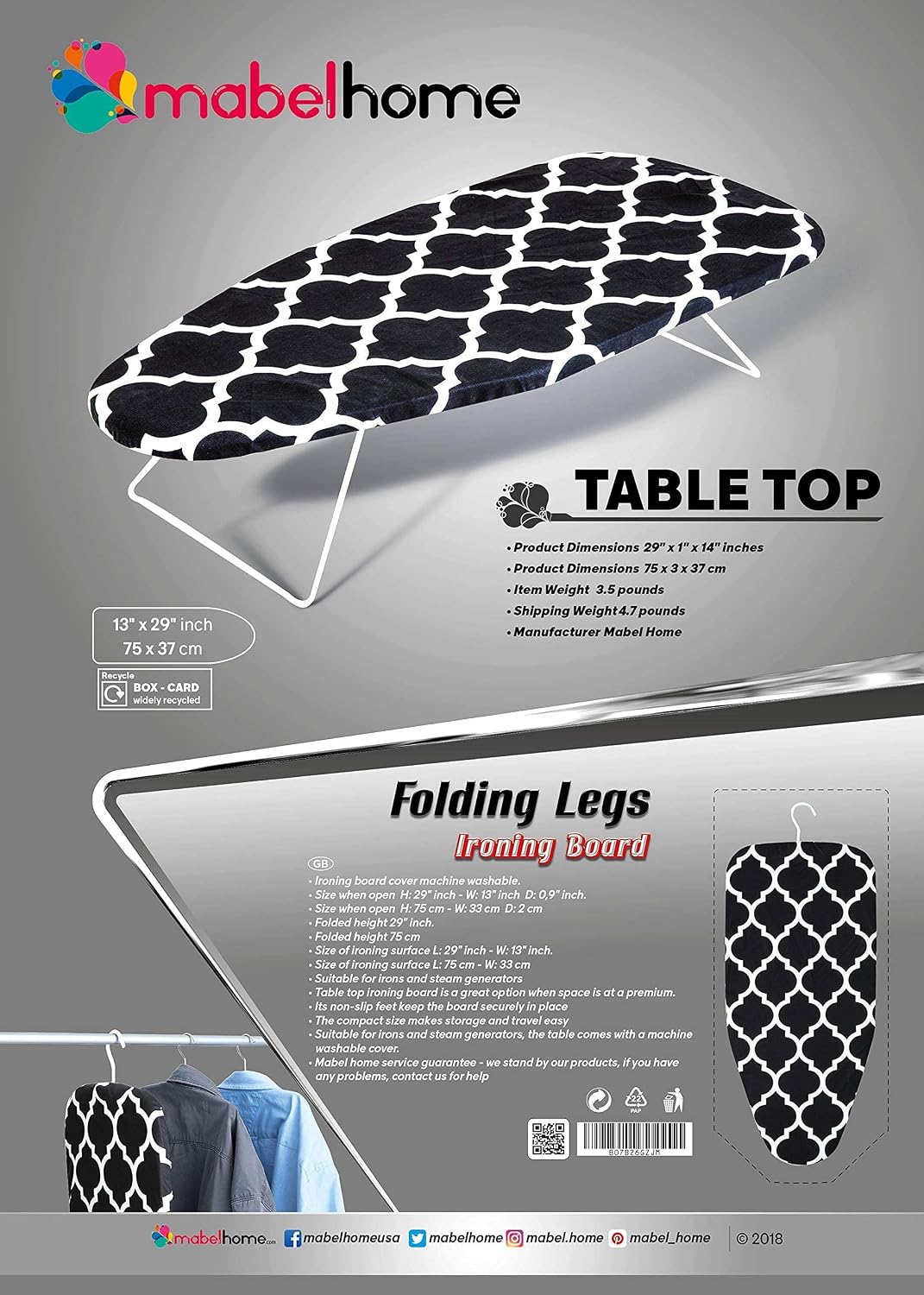 Mabel Home Table Top Ironing Board with Folding Legs, Extra Cover