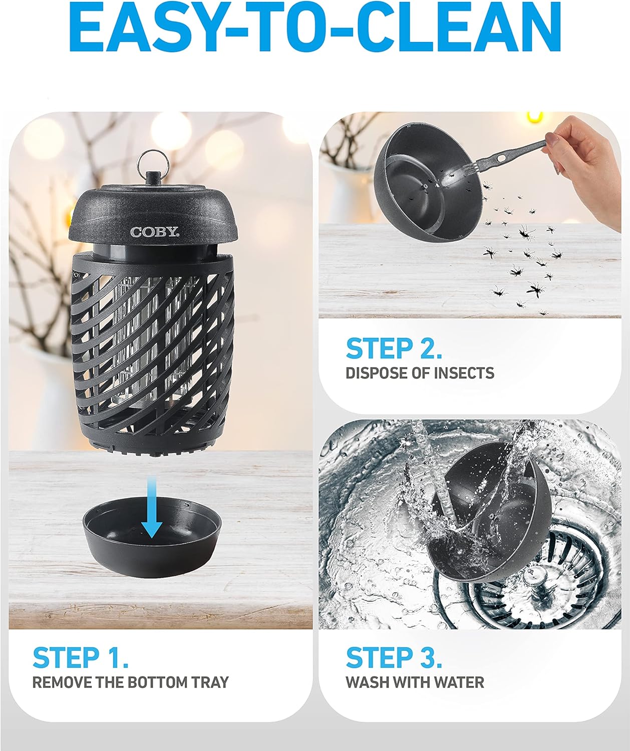 Three-step cleaning process for the Coby Bug Zapper: 1. Remove the bottom tray, 2. Dispose of insects, 3. Wash the tray with water.