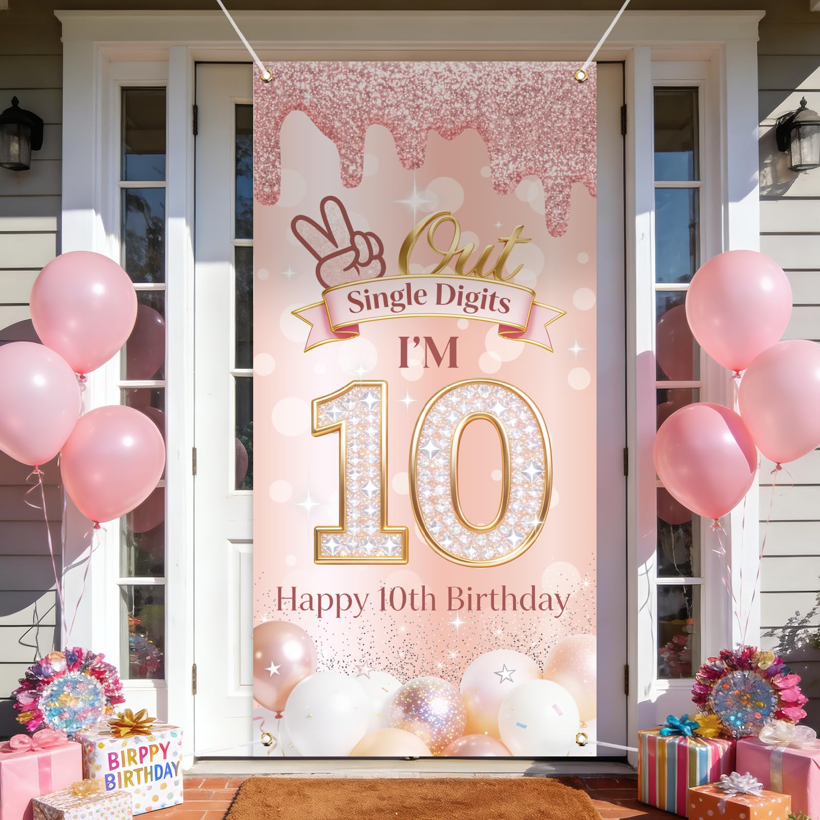 arricraft 1 Pc 10th Birthday Polyester Door Cover, 72.83"x35.43" Rose Gold Birthday Birthday Backdrop Banner Door Porch Sign Photography Background for Party Porch Home Decor Accessories โ image 1