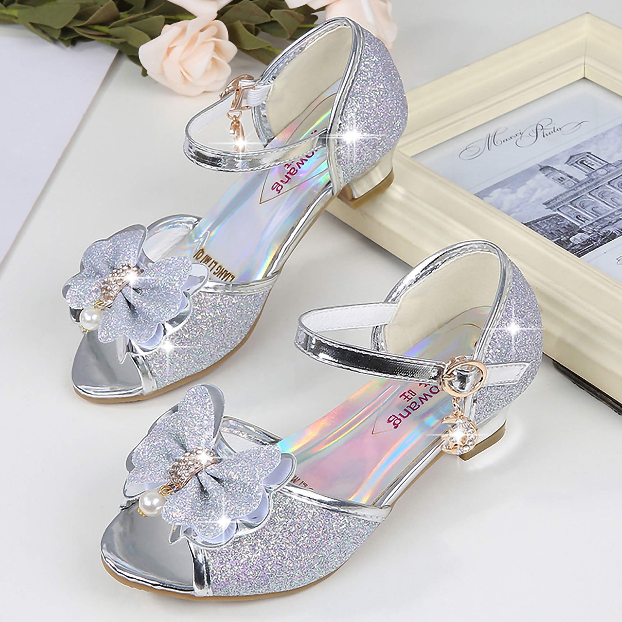 Bambine e Ragazze Scarpe col Tacco Antiscivolo Scarpe da Principessa Carnevale Sandali Costumi Natale Regalo Matrimonio Compleanno Aperte sulla Punta