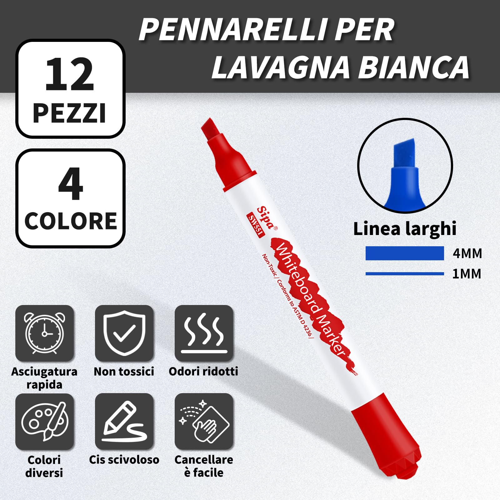 Sipa 12 Pennarelli Lavagna Bianca Cancellabile -Punta a Scalpello da 4 mm，Nero, Rosso, Verde, Blu，Basso odore sicuro，Soddisfare le esigenze di scuole, uffici e famiglie