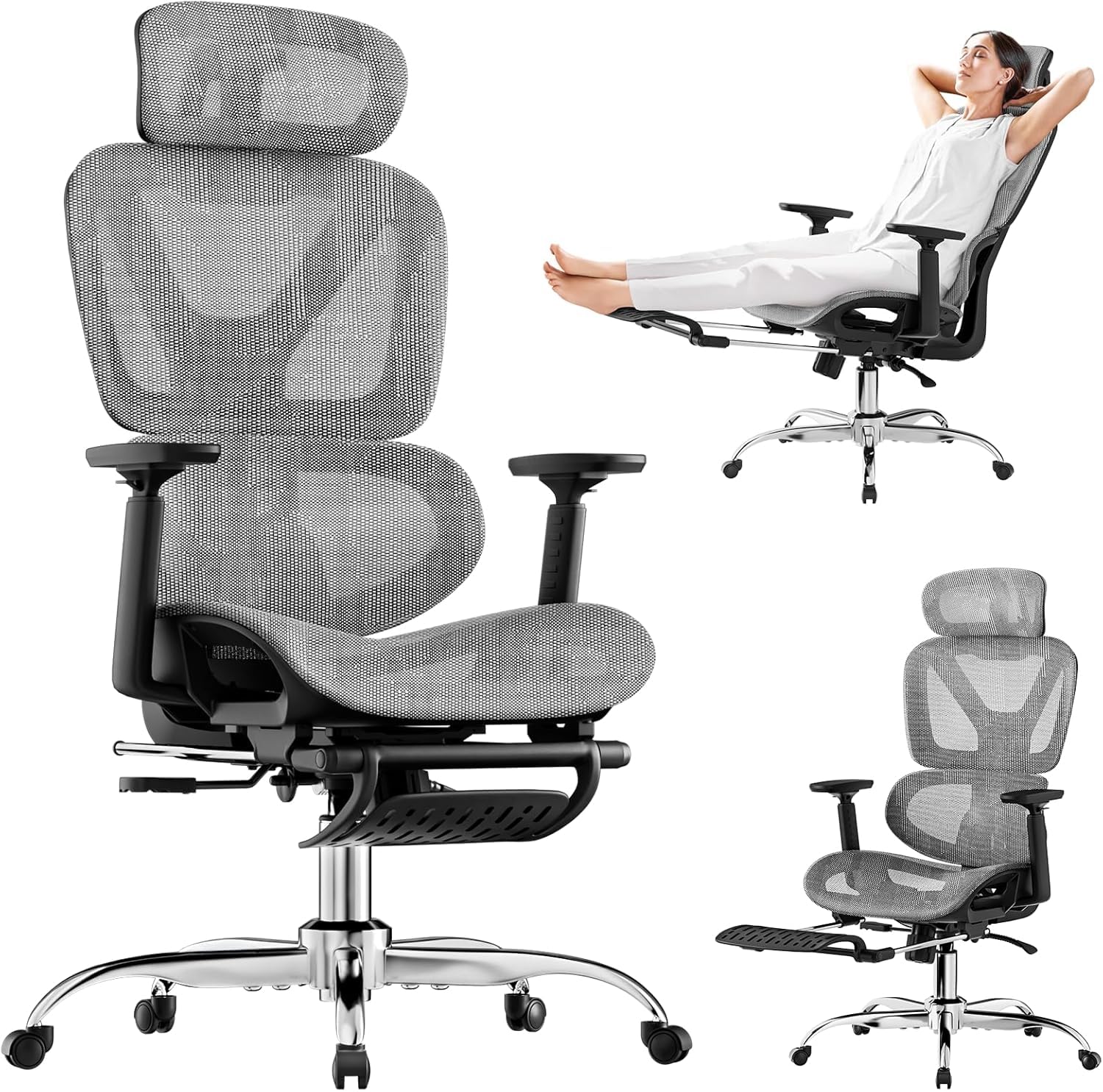 Bürostuhl Ergonomisch, Schreibtischstuhl mit Fußstütze, 90-120° Verstellbare Rückenlehne, Office Chair Lendenwirbelstütze, 4D PUArmlehnen, Stabile Metallbeine, Extra Breites Kissen Büro Gaming Stuhl