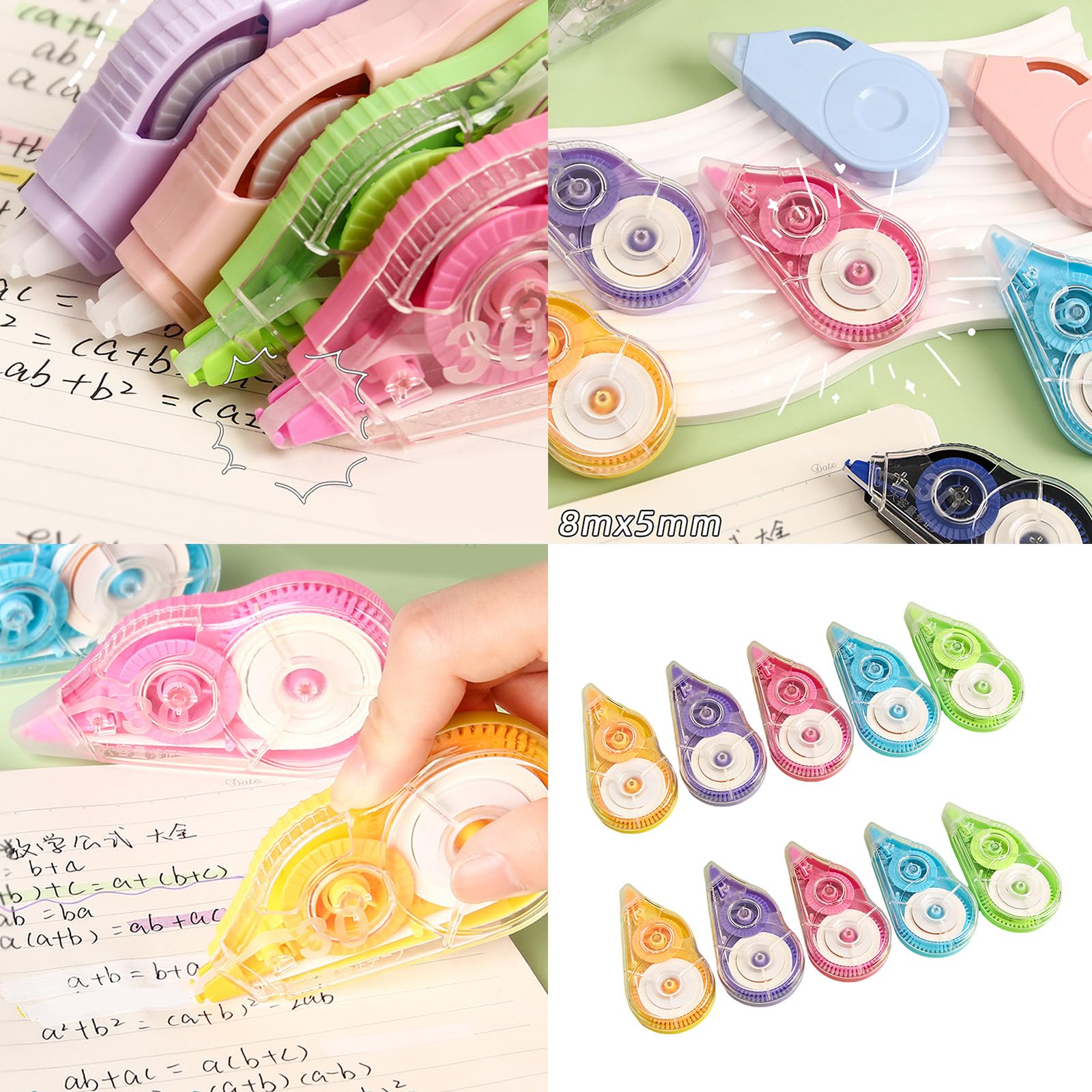 10 cintas correctoras de 8 m x 5 mm, para escuela y suministros, cinta correctora blanca, total de 80 m, para escribir, álbumes de recortes, cinta para estudiantes