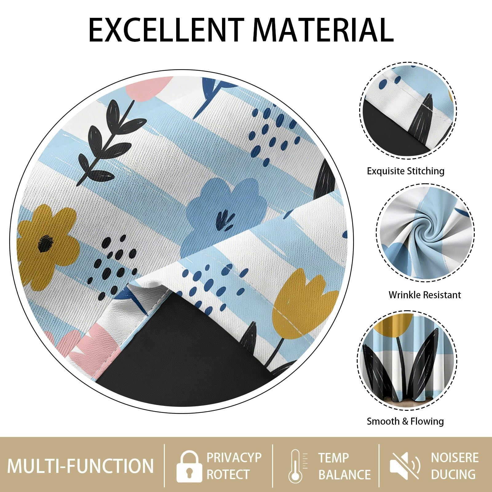 Ländlich Bohème Verdunkelungsvorhänge für Schlafzimmer Wohnzimmer, Pflanzen Blumen Streifen Blau Weiß Wärmeisolierte Vorhänge mit Ösen, Fenstervorhänge Dekoration, H 220 x B 140 cm (2er Pack)