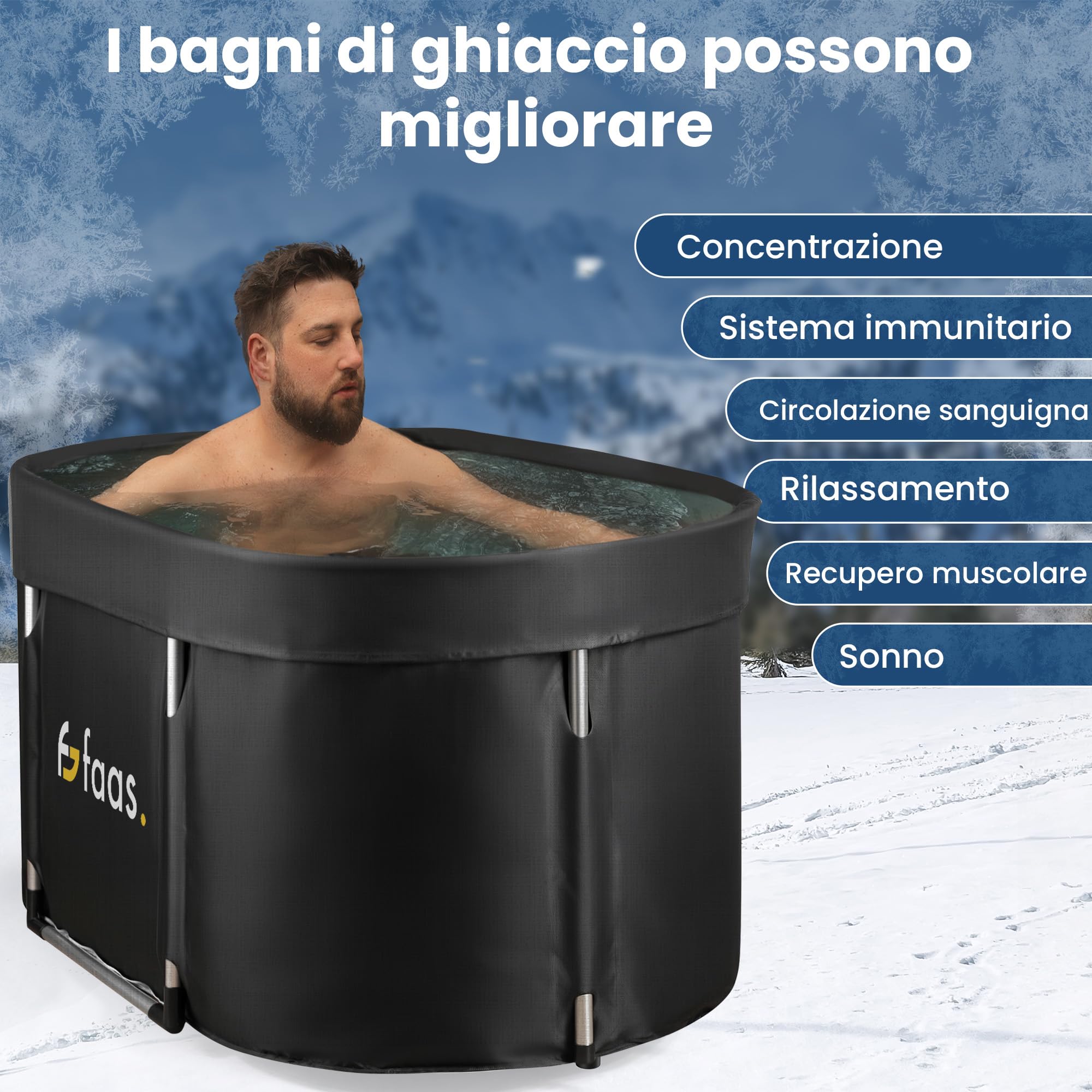 Faas Bagno di Ghiaccio XL 420L – Vasca Pieghevole per Adulti – Con Coperchio, Tubo di Scarico & Accessori – Ice Bath – Portatile, PVC Resistente, Facile da Montare – Nero