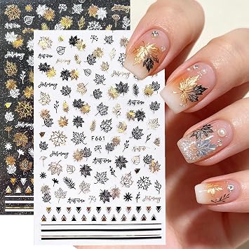 8 Sheets Fall Leaves Nail Art Stickers Gold Maple Leaf Self-Adhesive Nail Decals 3D Stickers Foil Autumn Maple Nail Designs Laser Shiny Manicure Tip Fall Nail Decorations for Thanksgiving Day Supplies