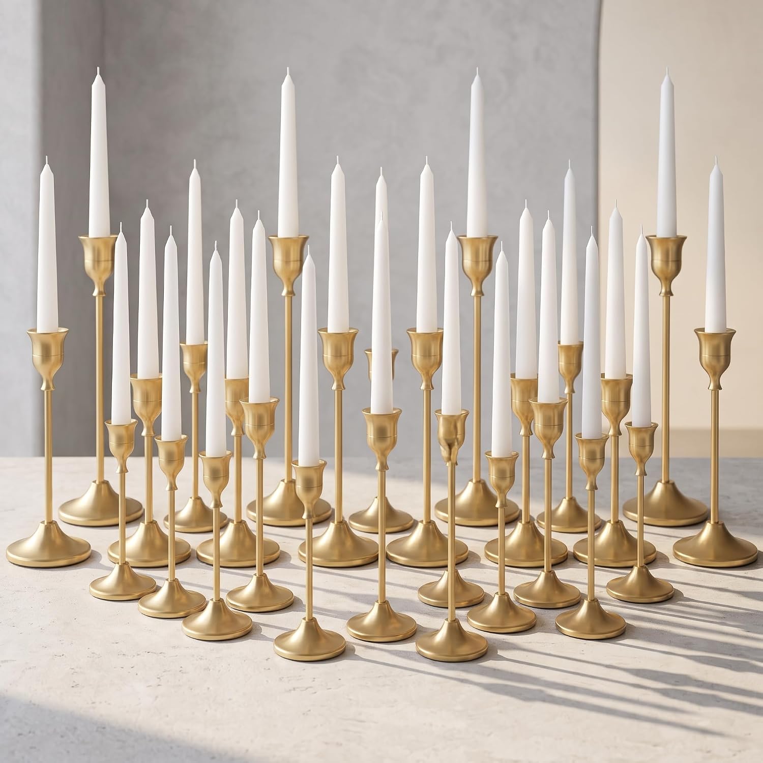 12 Pcs Gold Candlestick Holders, Vintage Metal Candle Holders Taper Candle Stands, Tall Golden Brass Tapered Candle Holder for Wedding Tables Centerpieces Decor