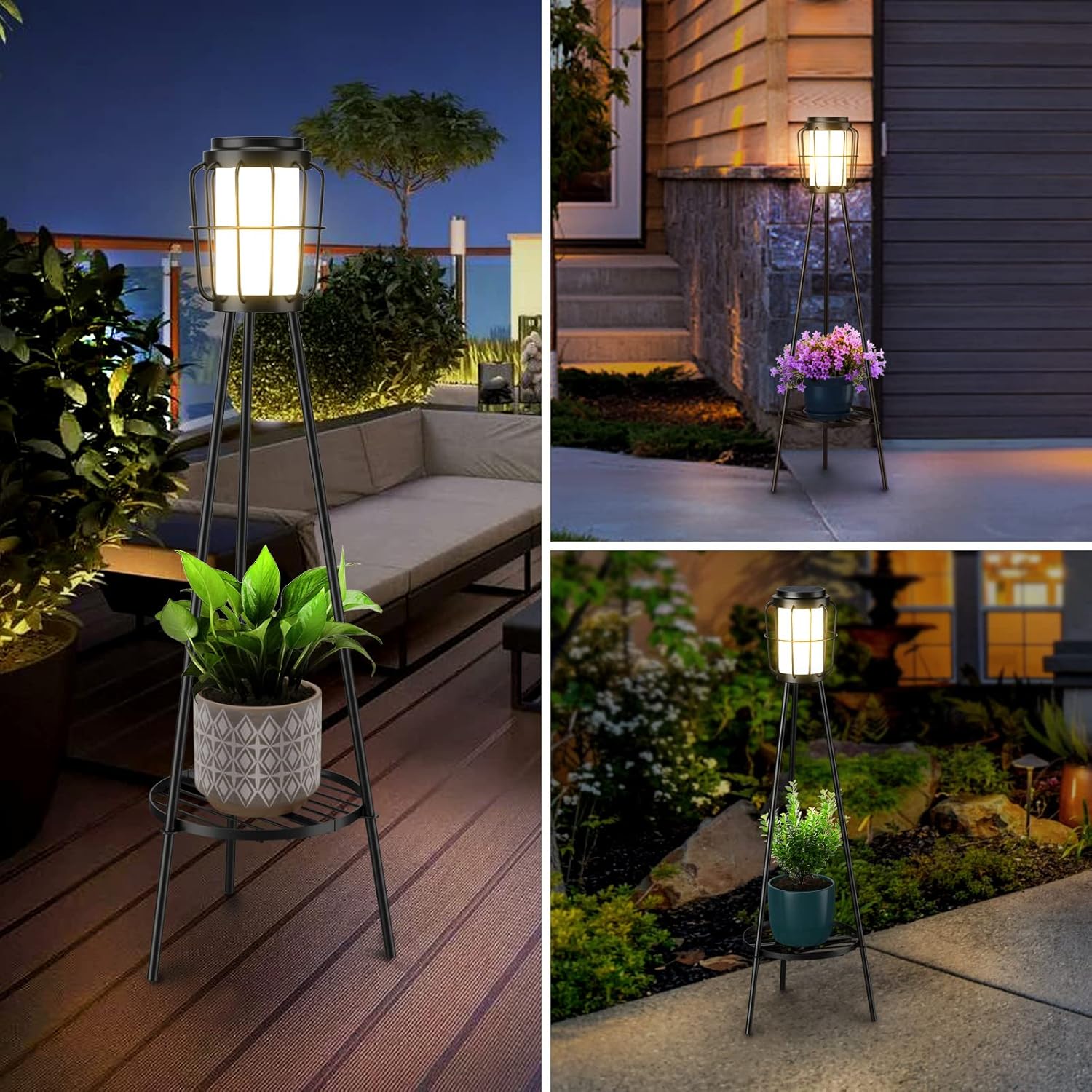 2 Pack Solar Lights Outdoor with Plant Stands, Solar Floor Lamp, Solar Powered Street Lights Metal Tripod Deck Lights, Patio Decor for Garden Yard Pathway Driveway Porch
