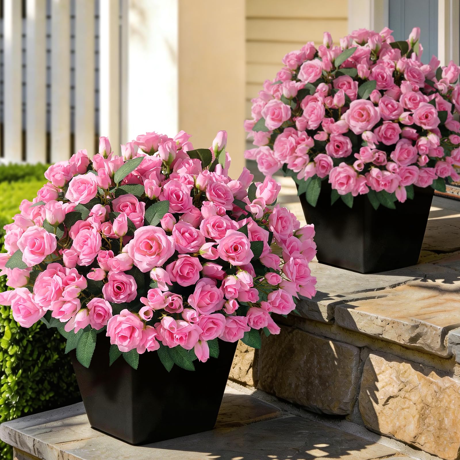Photo 1 of 16 Bundles Artificial Roses for Front Door Outdoor Decor, Realistic Fake Silk Bouquets Flowers Faux UV Resistant Real Looking Rose Plants for Garden Balcony Farmhouse Home Spring Summer Decor (Pink)