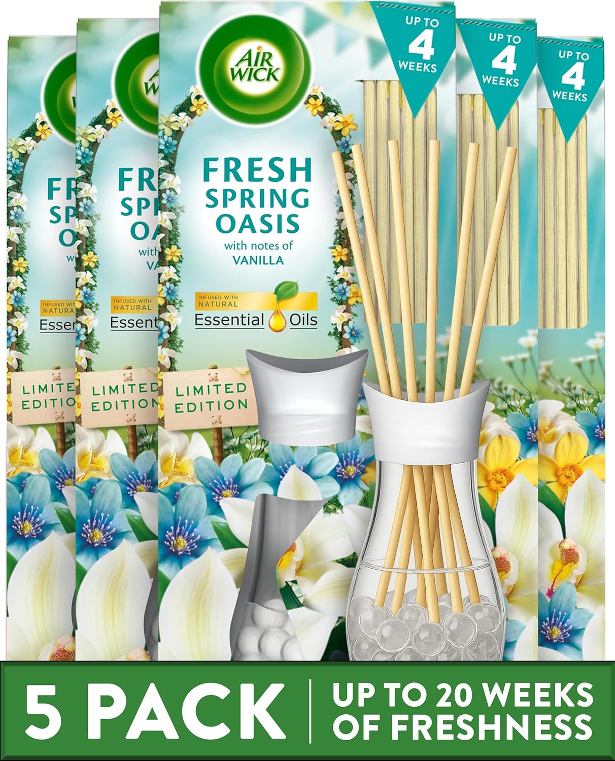 Air Wick Fresh Spring Oasis Essential Oils Reeds Diffuser 25ml. Lasts for up to 4 Weeks. Air Freshener (Pack of 5)