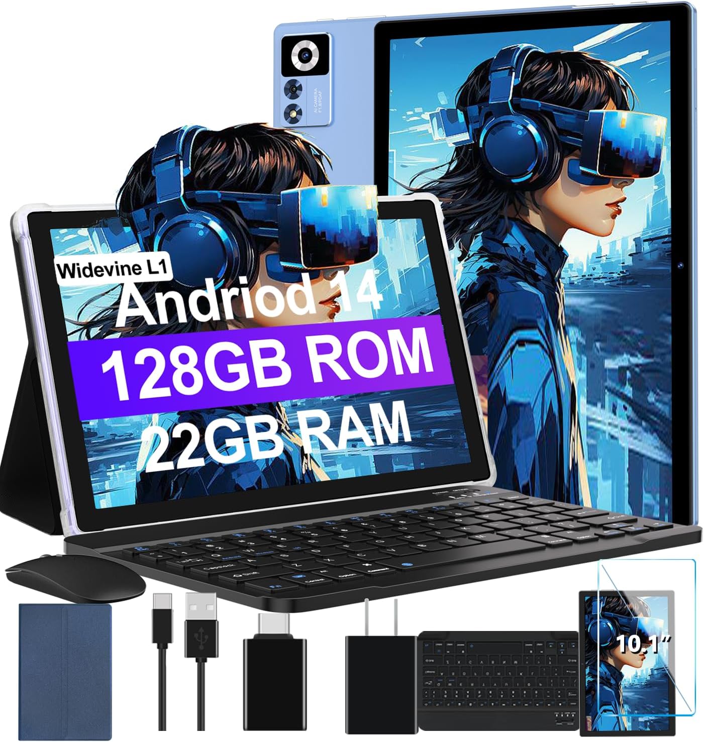 2025 Android 14 Tablet 22GB RAM 128GB ROM 1TB Expand, 10.1 inch 8000mAh Octa-Core Tablet with Keyboard & Mouse, HD IPS Display, 5G Wi-Fi, Bluetooth 5.0, GPS, Widevine L1, Split Screen -Metal Blue