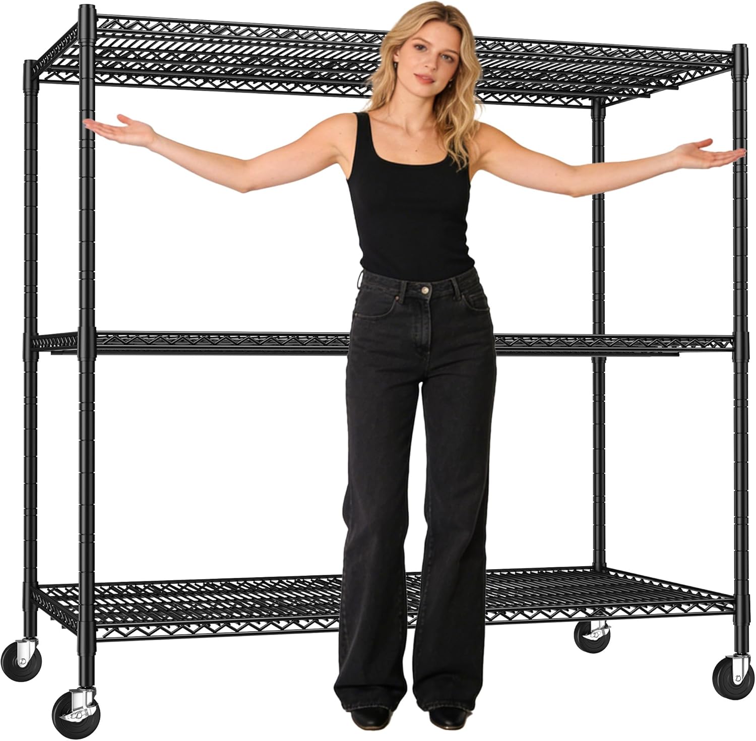 Heavy Duty Shelving,59.65" H Garage Shelving with Wheels,3 Tier Adjustable Metal Storage Rack,59.06" W x 23.63" D x 59.65" H Rolling Garage Shelves for Kitchen,Pantry,Warehouse,Black