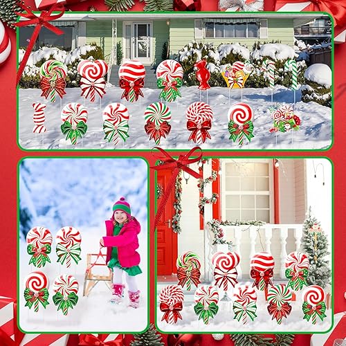 Miniatura 5 de 15 carteles de Navidad para patio al aire libre, estacas de caramelo de menta, decoraciones de Navidad con estacas y pajarita, letrero de jardín