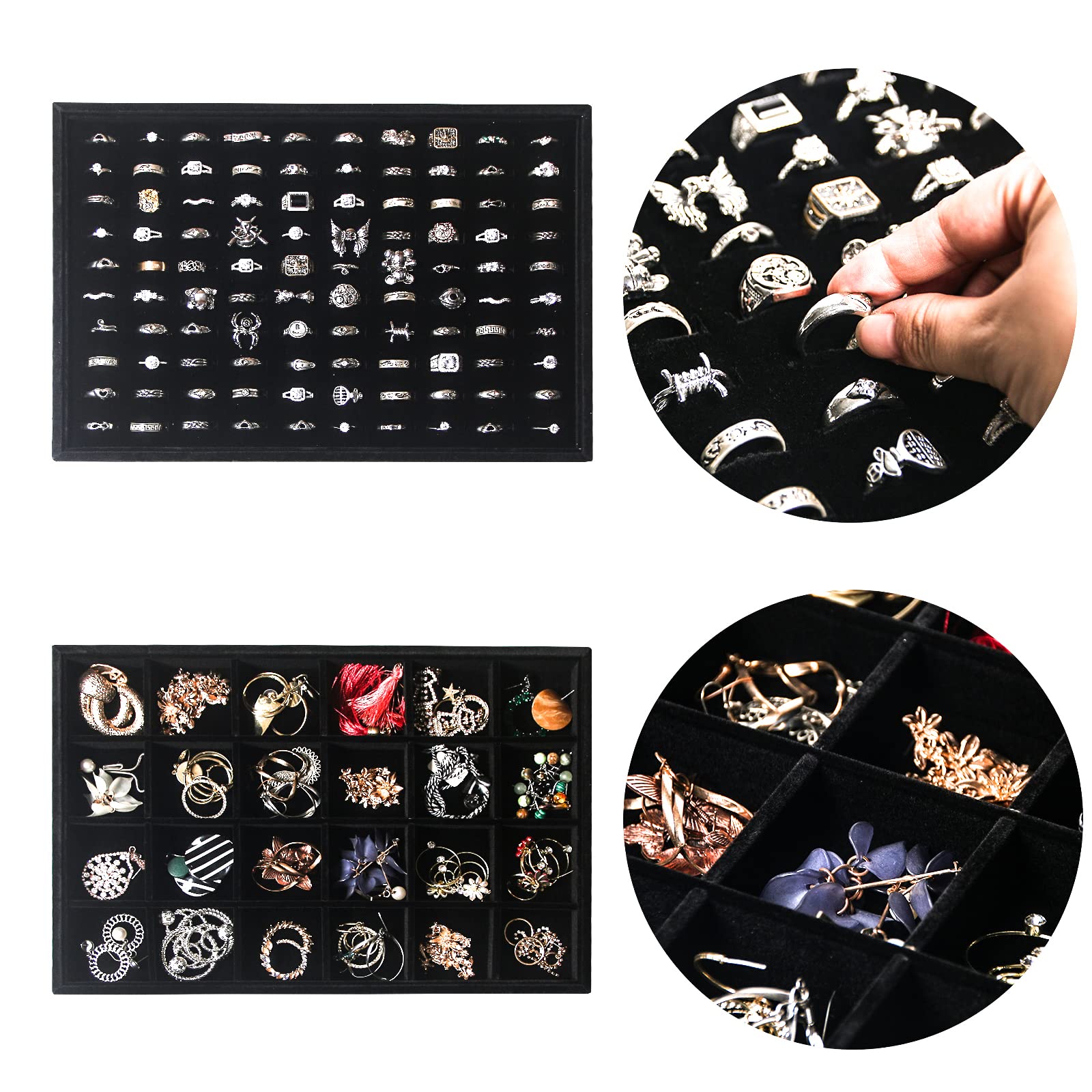 Set di 5 vassoi impilabili per gioielli, anelli, collane, orecchini, bracciali, espositori, vassoi con coperchio in vetro (velluto nero)