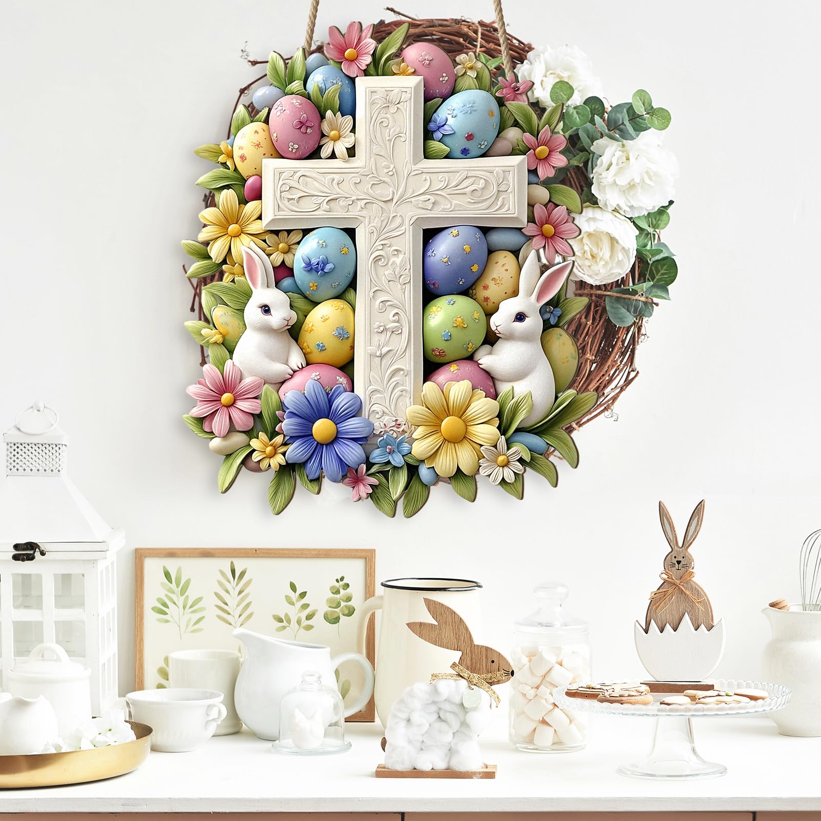 Foutrey Easter Lightweight Wooden Wall Decoration Hanging Rabbit Easter Egg Lily Flower Nail Free Installation Festive Decoration Wall Hanging Door Welcome Plaque (1, Cross)
