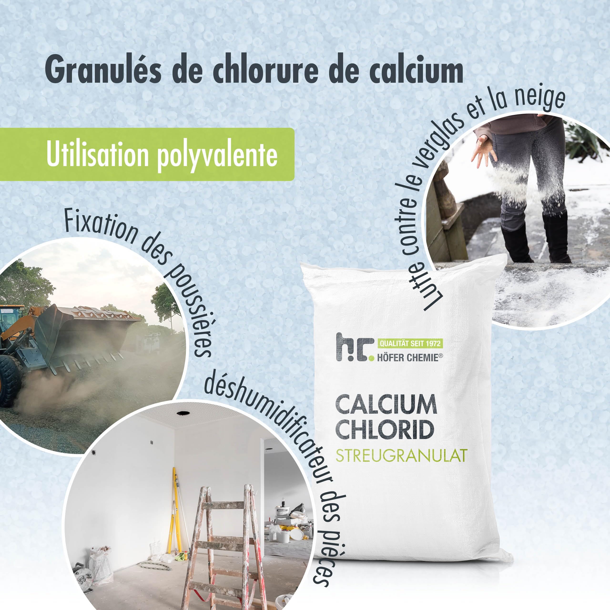Höfer Chemie® Chlorure de Calcium Polyvalent 2 x 25 KG, Sel de Déneigement et Déshumidificateur – Efficace Jusqu’à -20° C, Écologique et Haute Performance