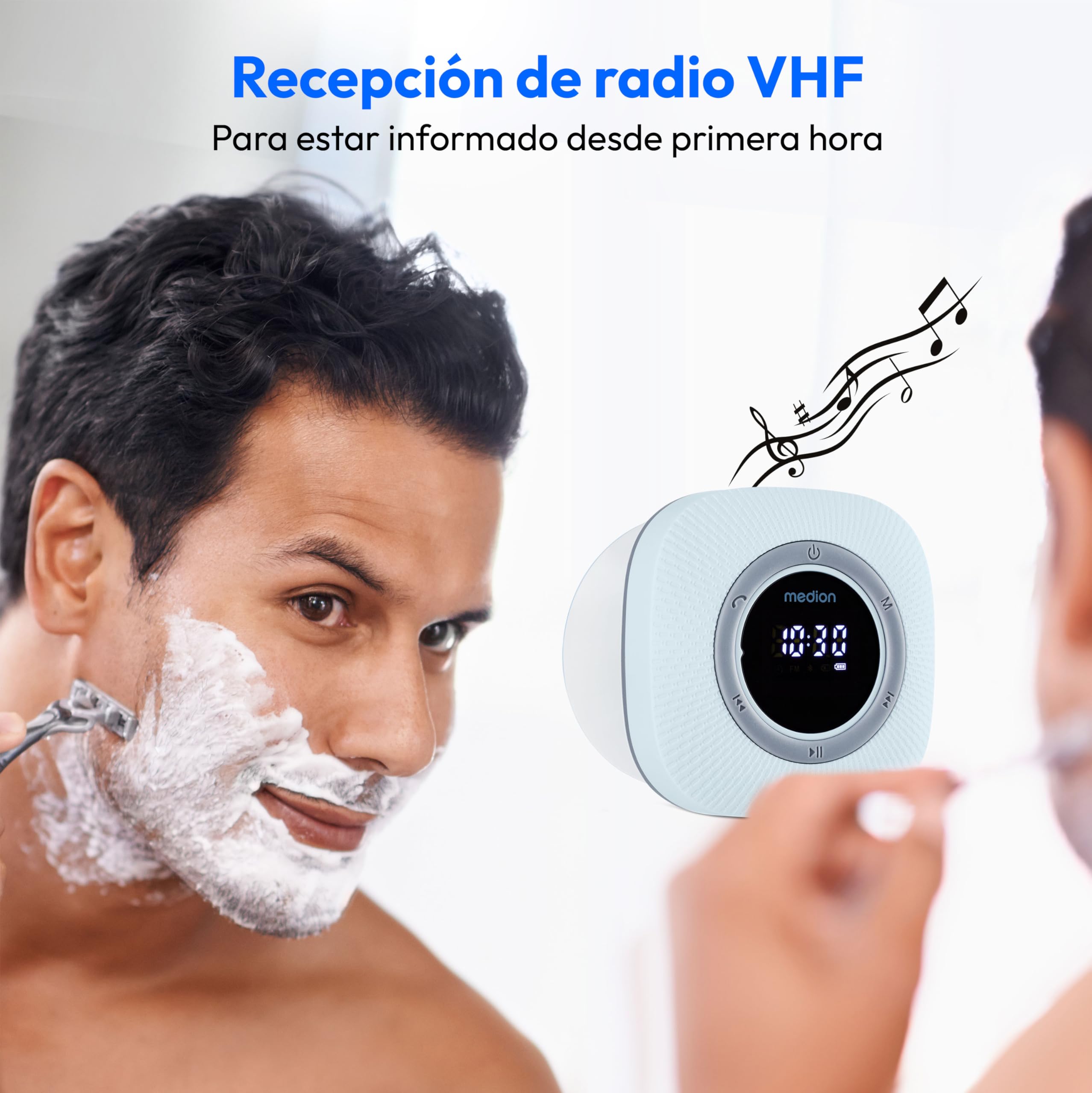MEDION P66096 Radio de Ducha con Bluetooth (Radio de baño, Radio FM, Ventosa, Pantalla LED, Impermeable IPX6, batería Recargable integrada, MD43884) Azul