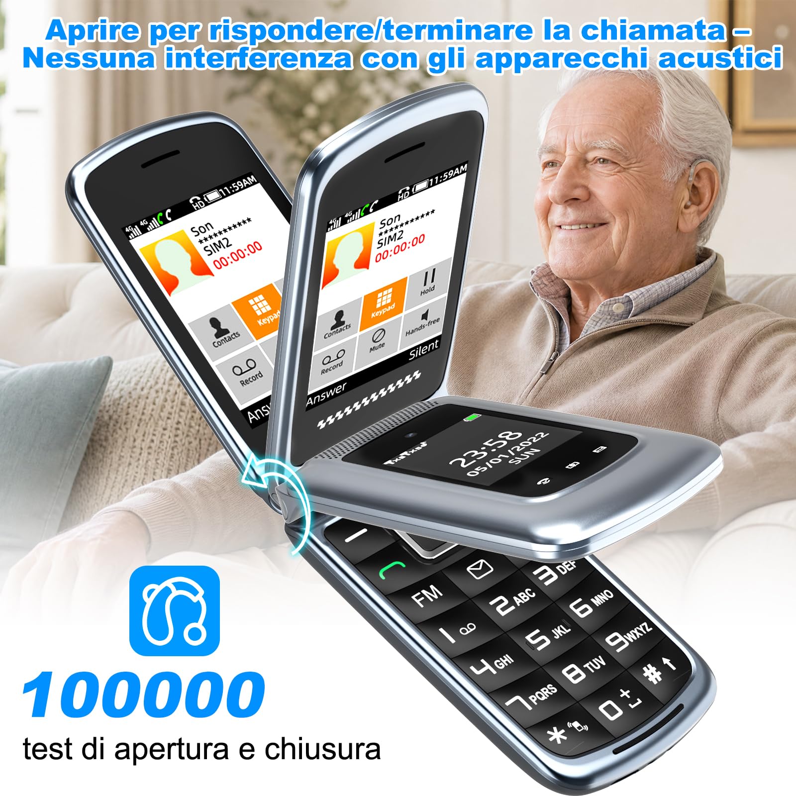 CHAKEYAKE 4G Telefono per Anziani, Cellulare per Anziani senza Contratto, Annuncio Vocale dei Tasti, Tasti grandi,Volume Elevato,Tasto SOS, Doppia SIM, Doppio Display 2,4 + 1,77", Grigio
