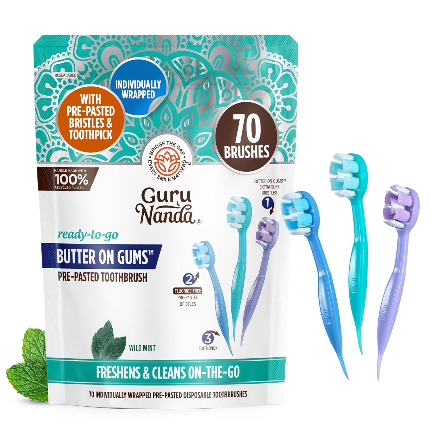 GuruNanda Ready-to-Go Disposable Mini Travel Toothbrushes - Butter on Gums Softex Bristles Pre-Pasted Toothbrush Toothpick - Fluoride-Free No
