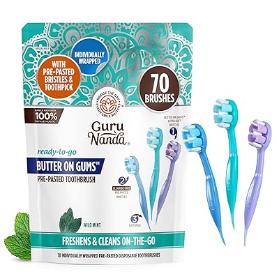 GuruNanda Ready-to-Go Disposable Mini Travel Toothbrushes - Butter on Gums Softex Bristles, Pre-Pasted Toothbrush & Toothpick - Fluoride-Free, No Rinsing Needed, 70 Ct