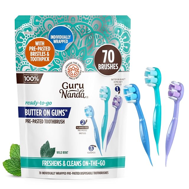 GuruNanda Ready-to-Go Disposable Mini Travel Toothbrushes - Butter on Gums Softex Bristles Pre-Pasted Toothbrush Toothpick - Fluoride-Free No
