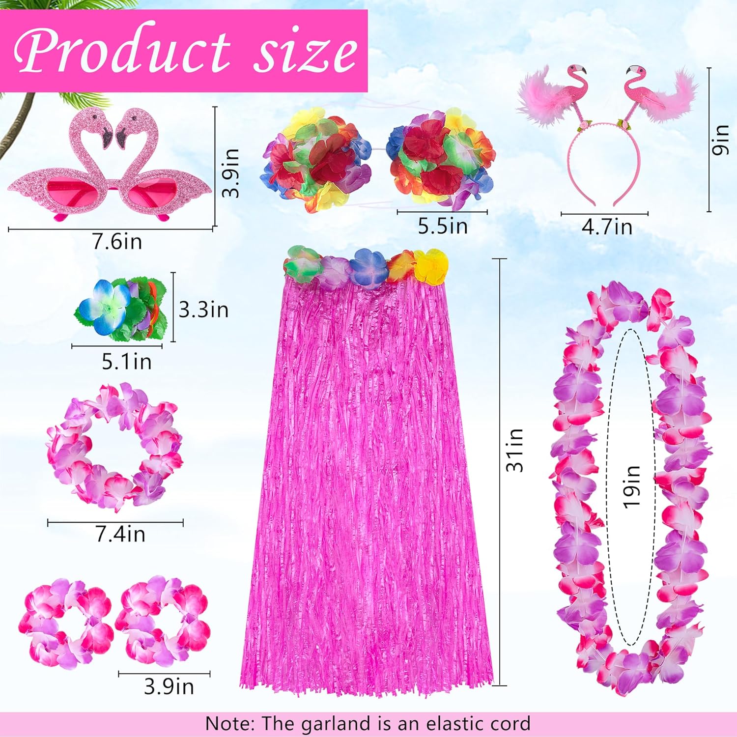 Watayo 8 Pcs/Set 31" Hawaiian Grass Skirt Flowers Costume for Women, Summer Luau Party Outfits Grass Skirt with Bikini Sunglasses Garland Bracelet Hairclip Headband for Beach Party Accessories - Image 2
