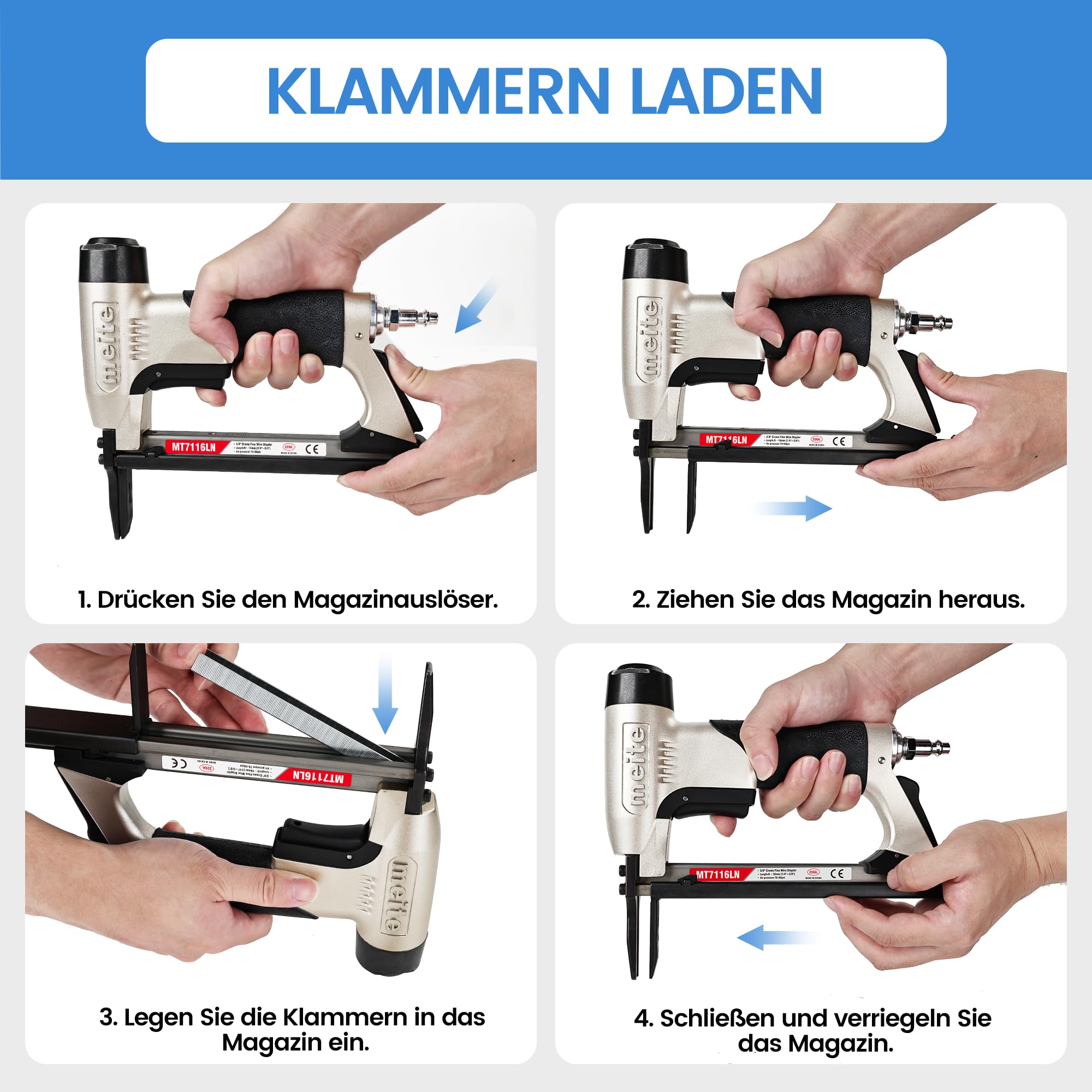 meite MT7116LN Drucklufttacker Typ 71 mit Langnase, Druckluftnagler für 6–16 mm 22Ga Klammern, Industrieller Feiner Langnasen-Drucklufttacker für Polster und Holzarbeiten