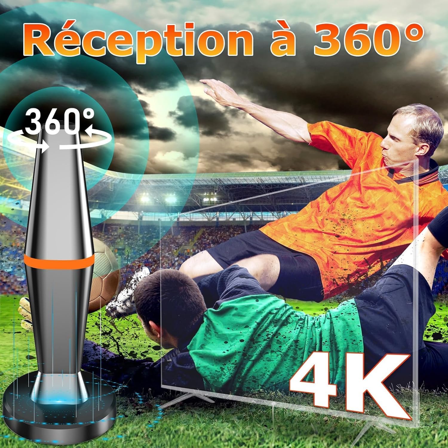 Potente antenna TV per interni TNT HD, 2025 Potente antenna TV interna di base magnetica potente - 420km Ricezione a lungo raggio a 360° - Arancione