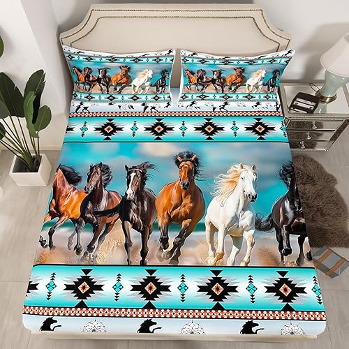 Miniatura 2 de Juego de sábanas aztecas con estampado de caballos tribales africanos, sábana bajera ajustable de animales de granja, tribu étnica, atrapasueños,
