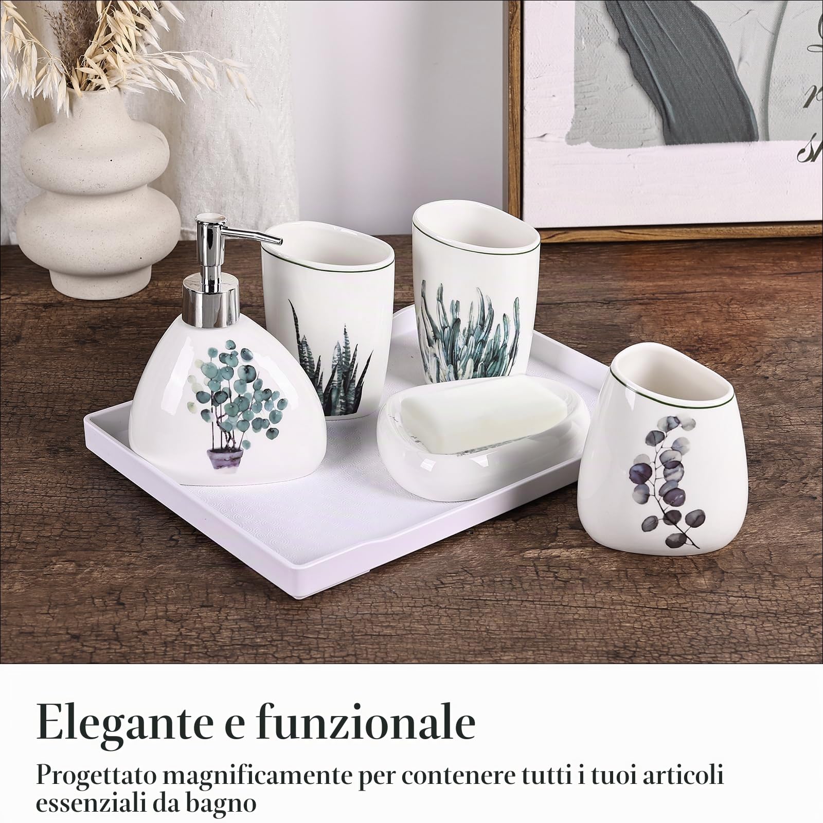 Elegante set da bagno in ceramica da 6 pezzi dotato di dispenser per lozione, bicchiere per collutorio, piatto per trucco, piatto per sapone, portaspazzolino e vassoio, moderno set di
