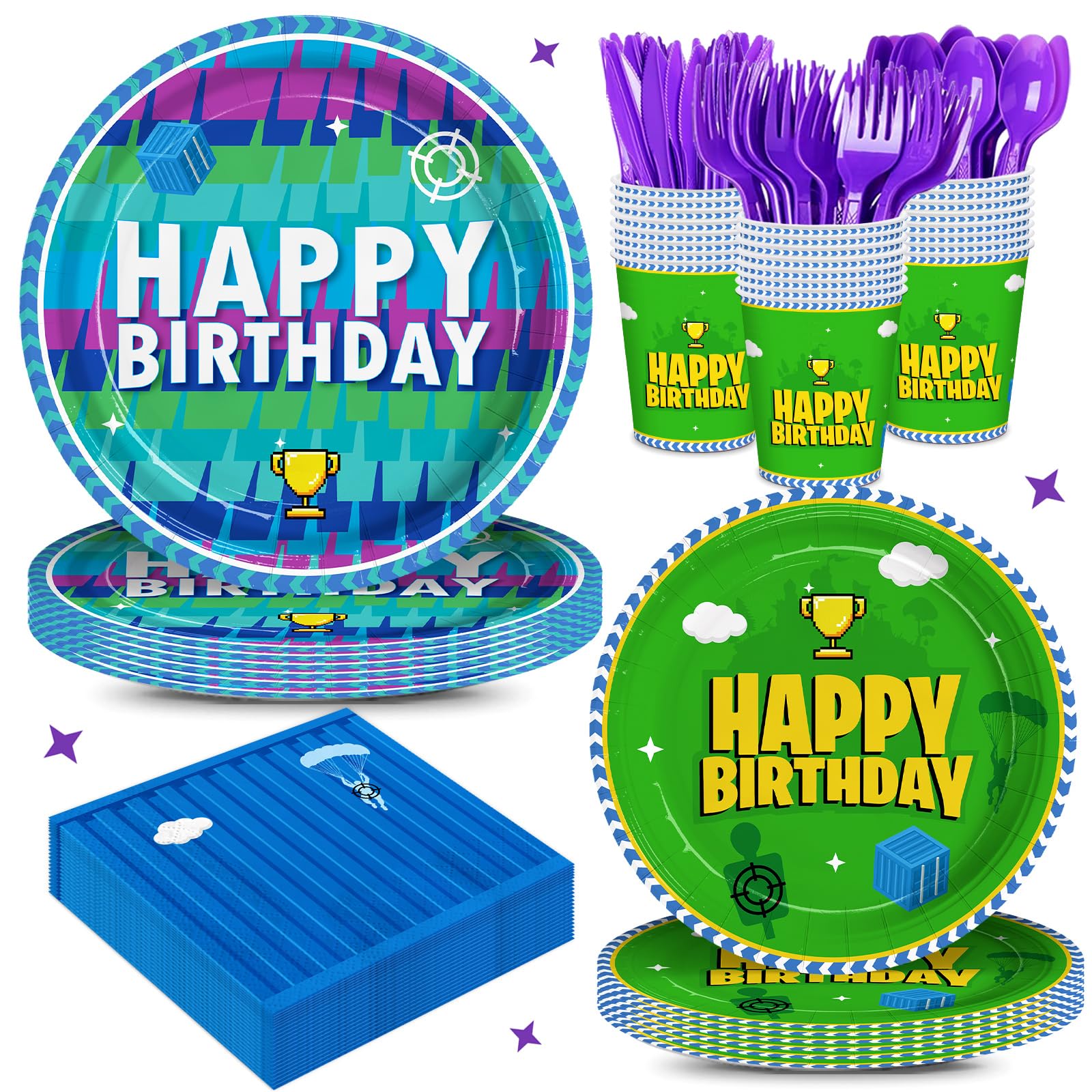 168pcs Video Games Plates Napkins Theme Birthday Party Supplies Disposable Paper Cups Purple Fork Video Games Theme Party Decorations for Kids Boys