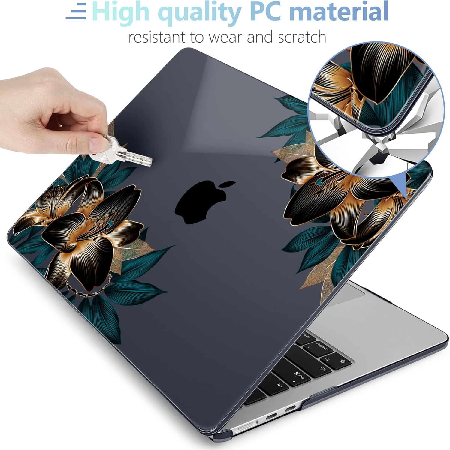 MEEgoodo for M4/M3/M2 MacBook Air 15.3 inch Case 2025 2024 2023, Case Fit Model (A3241/A3114/A2941) for MacBook Air 15 inch, Laptop Hard Shell with Keyboard Cover, Golden Lilies - Image 3