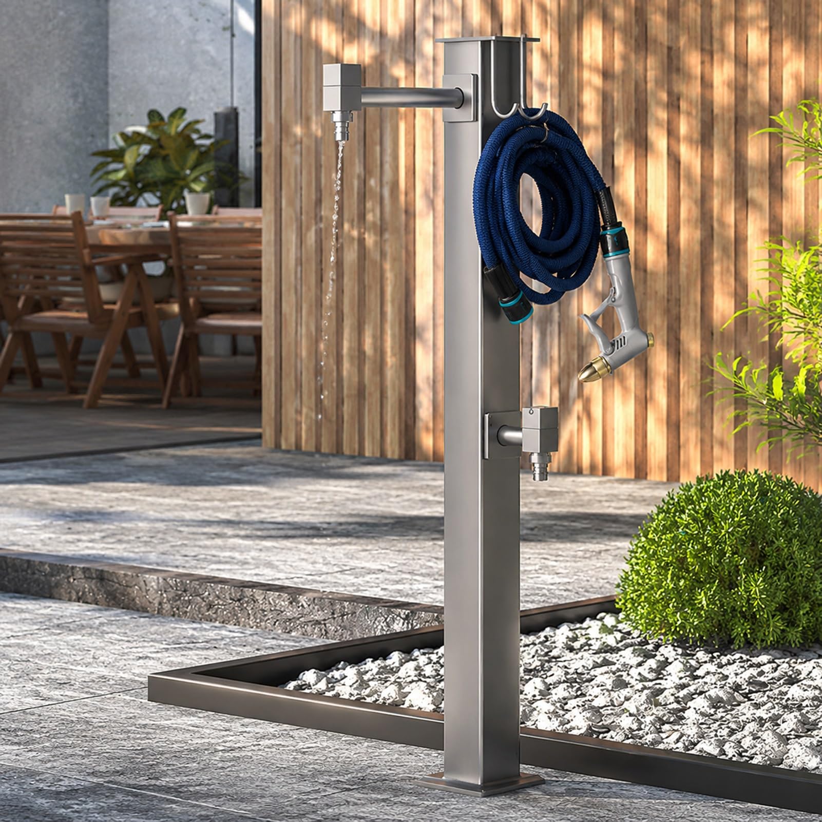 HARELA Vertikale Quadratische Wassersäule Garten aus Edelstahl 304 mit Spritzpistole, Yard Hydrant Frostsicherer Wasserspielbrunnen, für Gartenbewässerung Im Freien(Light Gray - Bottom Mount)
