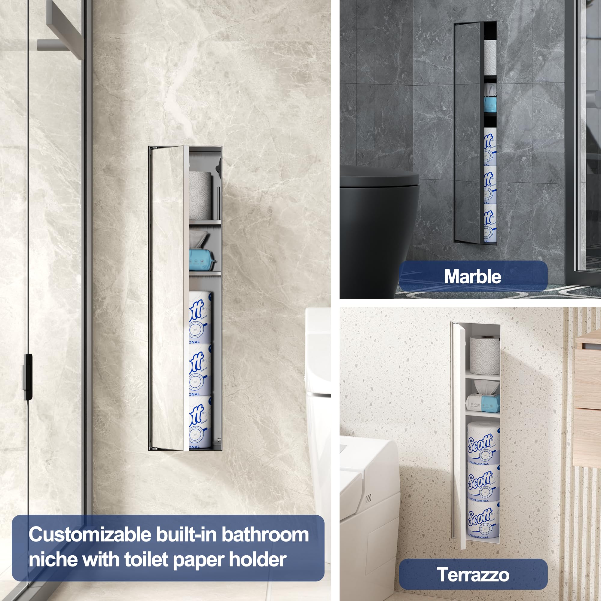 Neodrain Unterputz Toilettenpapierhalter Edelstahl Badezimmerschrank Schwarz mit Ablage für Toilettenpapier Aufbewahrung & WC Bürstengarnitur, 67 x 19 x 15 cm