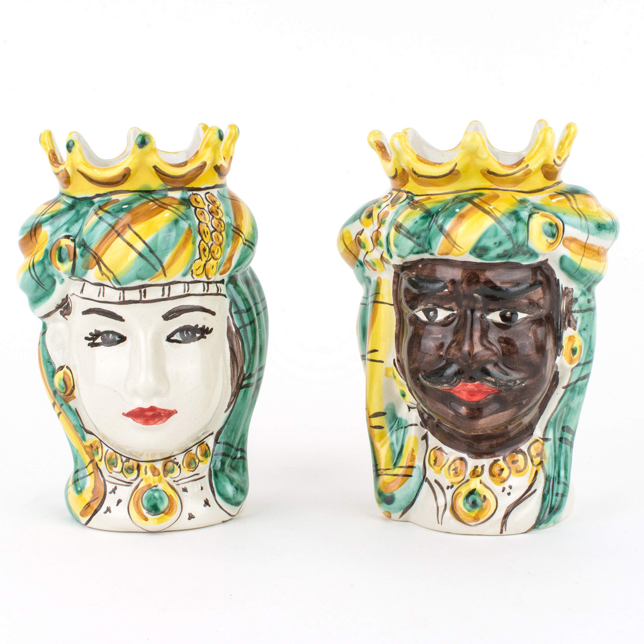 Coppia Teste Di Moro In Ceramica Di Caltagirone | Bianche, Fatte A Mano | Altezza 14 Cm | Per Decorazione O Bomboniera