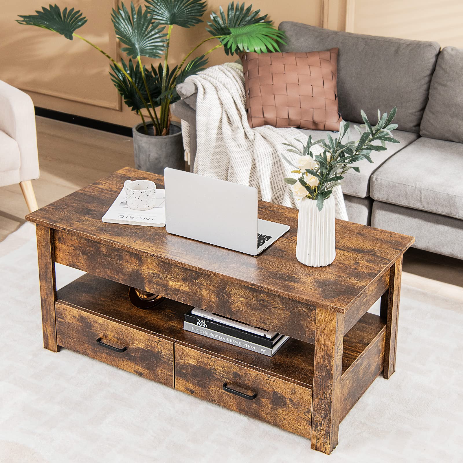 COSTWAY Mesa de Centro con Tablero Elevable, Mesa de Café Industrial con Compartimento, Estante de Almacenamiento y 2 Cajones, Mesita Mueble Salon con Sistema Neumático de Elevación del Tablero