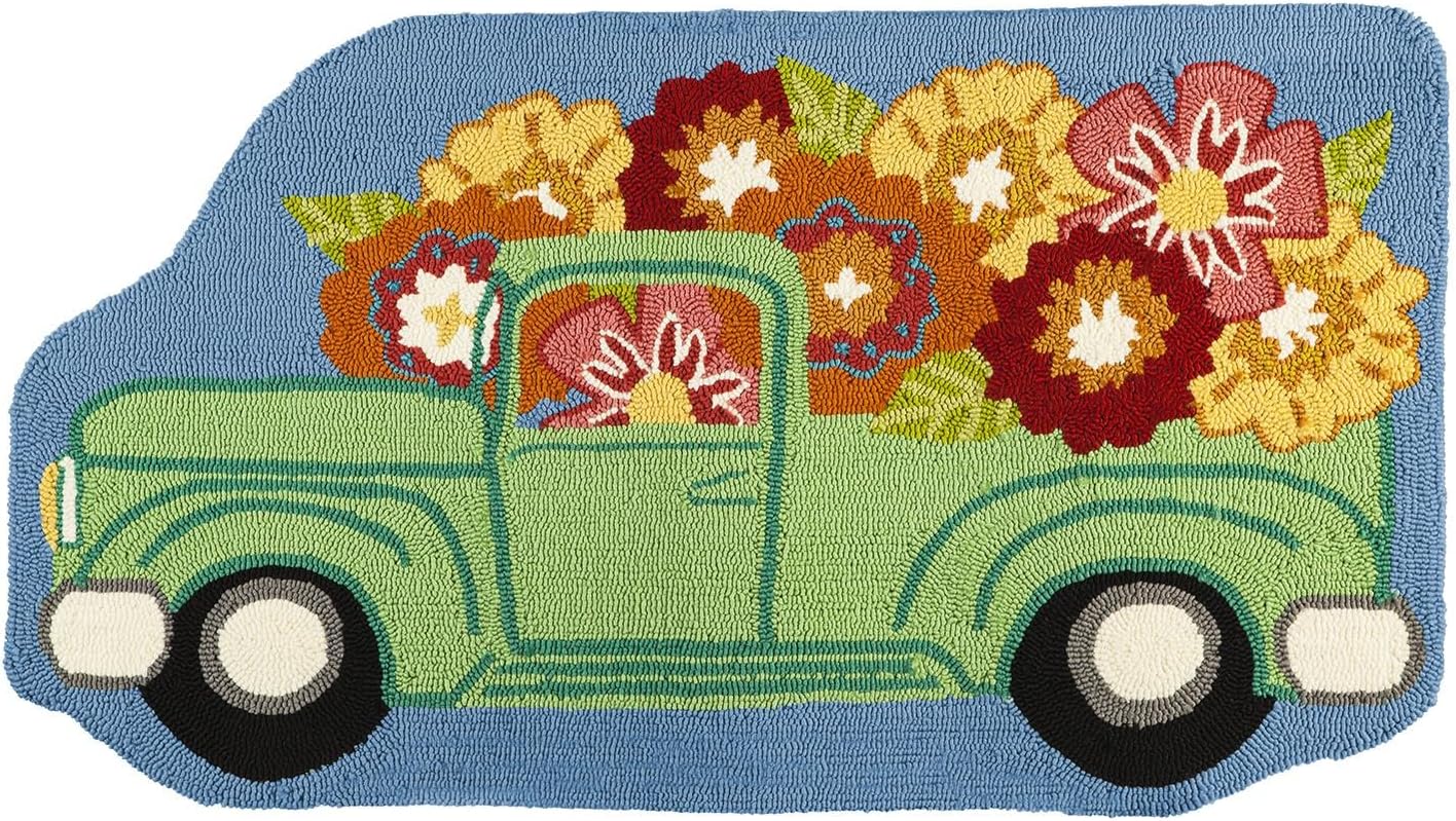 Cape Craftsmen Beautiful Springtime Colorful Flower Truck Shaped Hooked Indoor and Outdoor Rug - 24 x 1 x 42 Inches Fade and Weather Resistant Decoration for Homes, Apartments, Yards and Gardens