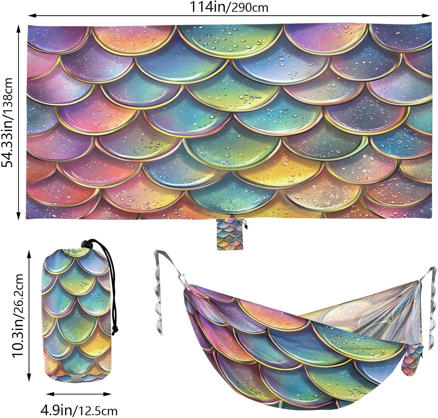 ALAZA Rainbow Mermaid Scale Camping Hammocks Single or 2 Person 500 lbs Portable Parachute Travel Hammock w/Tree Straps for Hiking Backpacking Indoor Outdoor