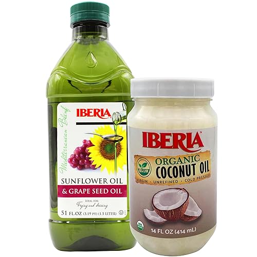 Iberia Mezcla de aceite de semilla de girasol y uva, 51 onzas + aceite de coco virgen orgánico sin refinar Iberia de 14 onzas