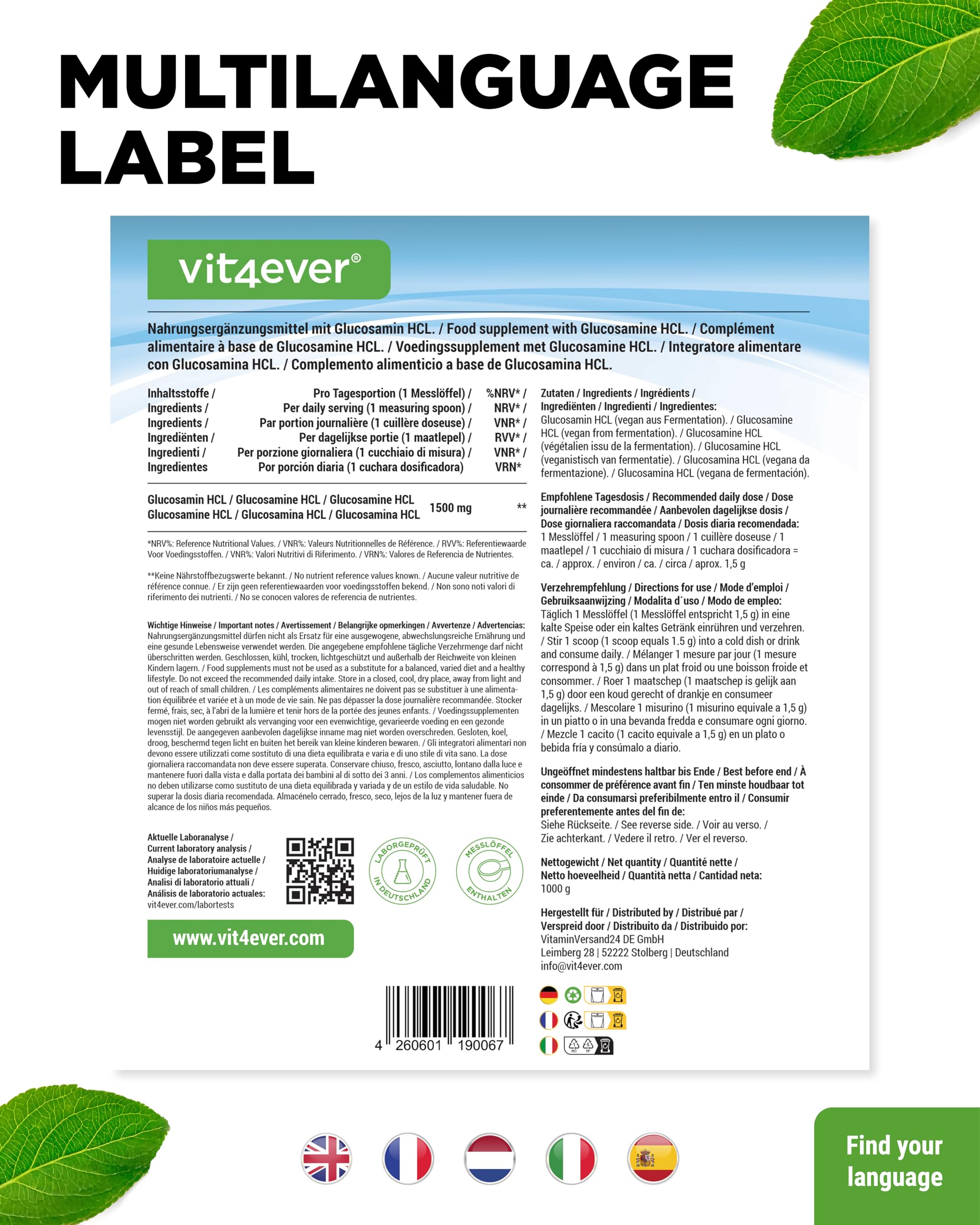 vit4ever Glucosamin HCL Pure - 1000 g - reines Pulver ohne Zusätze | pflanzliche Fermentation, laborgeprüft, vegan, hochdosiert