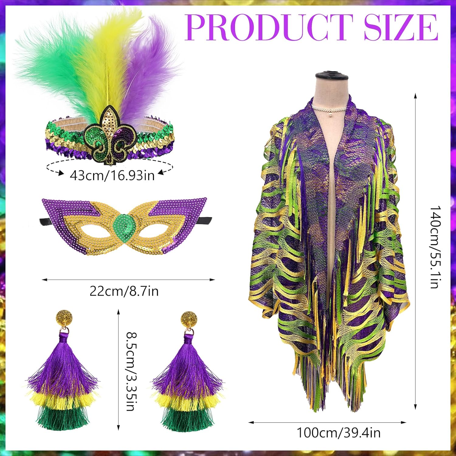 Aitsite 4Pcs Mardi Gras Outfit for Women,Shawl Scarf with Mardi Gras Accessories Including Mask Feather Headband Earrings - Image 2