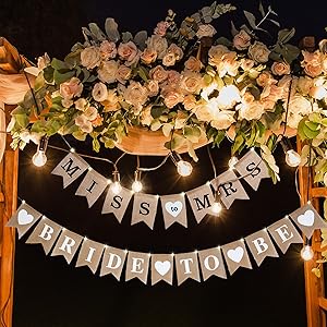 4 Pieces Burlap Banner Bride to Be Banner LED String Lights Bridal Shower Banner Rustic Bunting Garland LED Cooper Wire Lights String ANYI16 and Miss to Mrs Banner for DIY Wedding Christmas Decor
