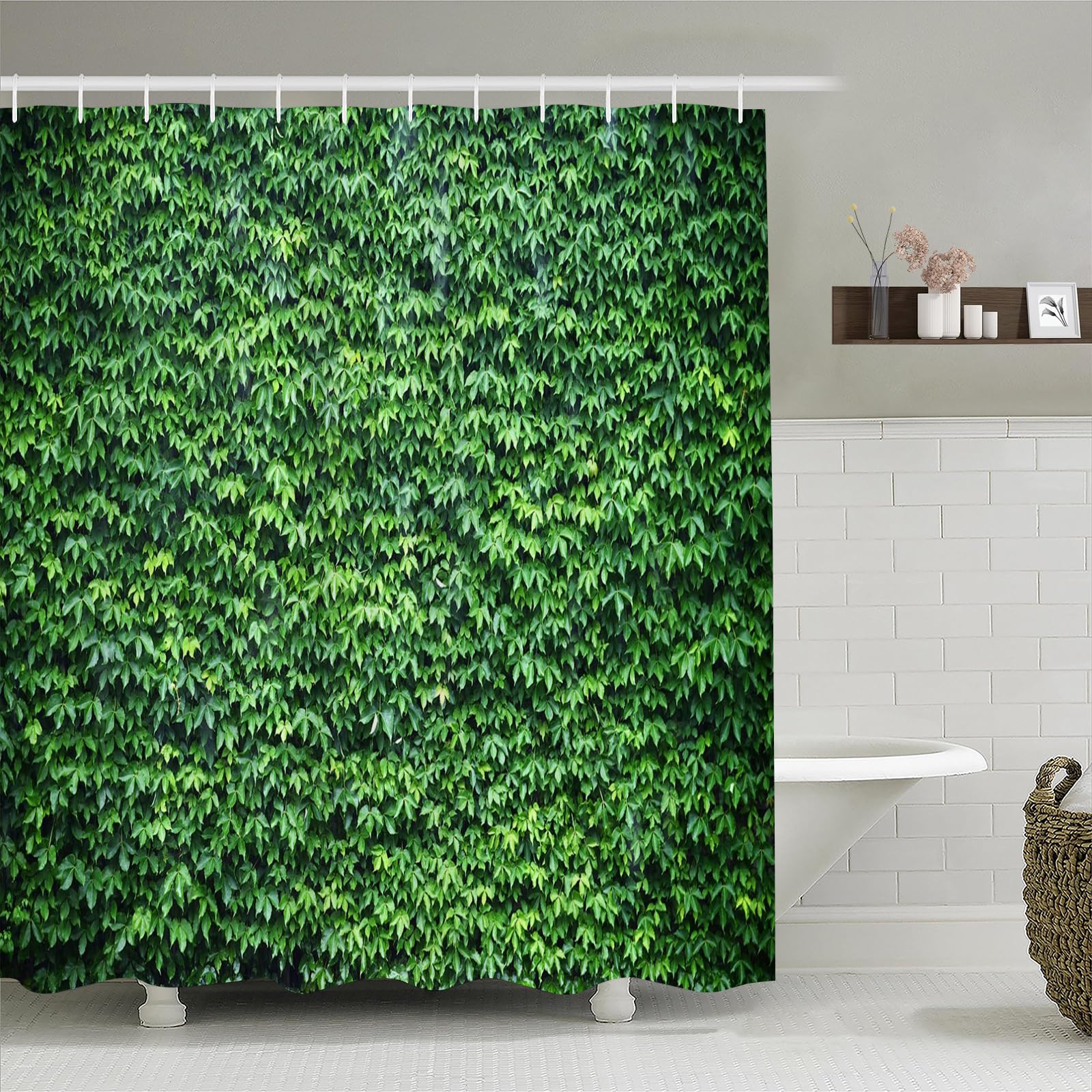 Simpomsy Color-13 Green Leaf Wall Outdoor Garden Theme Shower Curtain, 150X180cm, Waterproof, 12 Hooks
