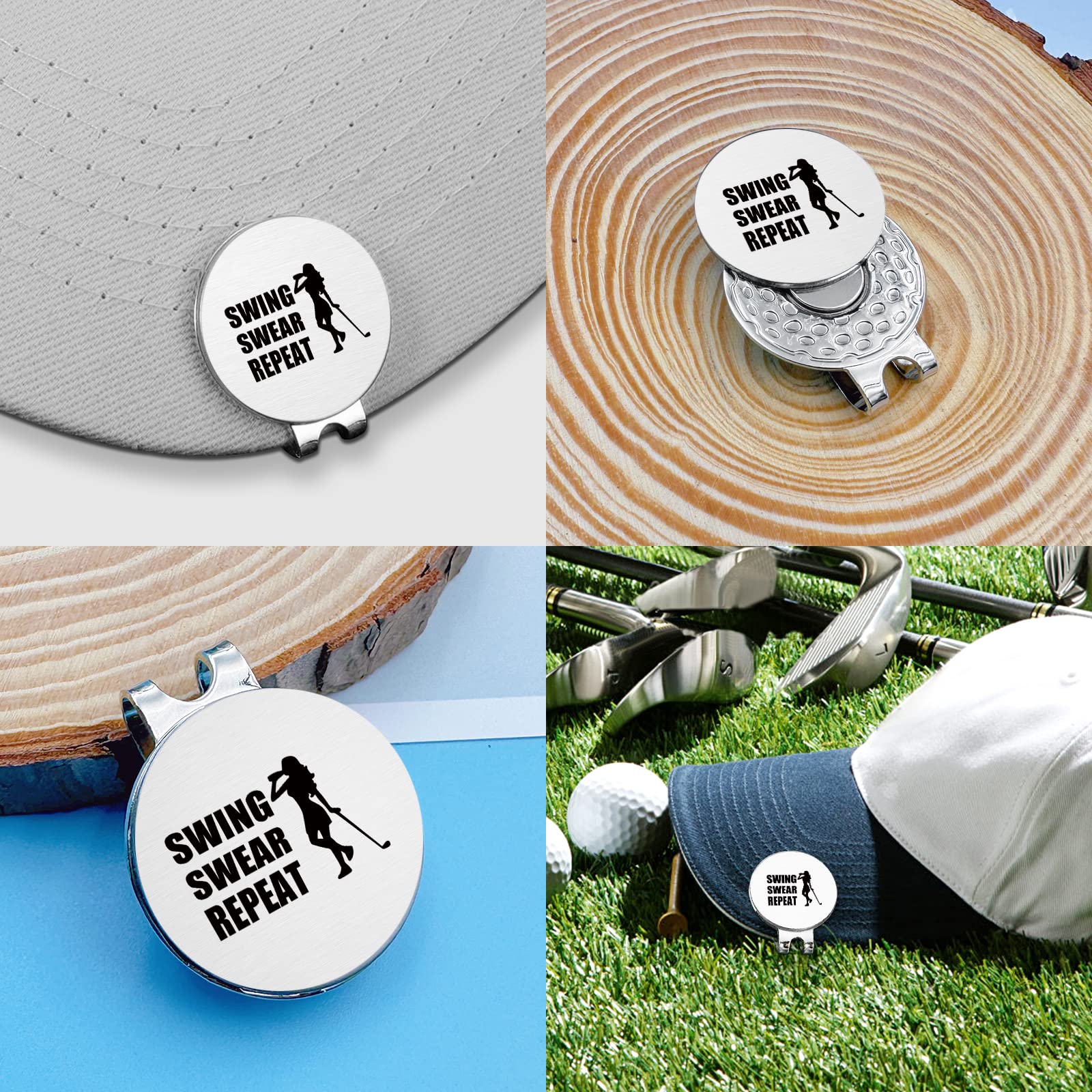 HSSPIRITZ Funny Golf Ball Marker with Magnetic Hat Clip Stainless Steel,Novelty Golf Accessory with Gift Box,Best Golf Gifts for Men Women Husband Birthday Christmas Father's Day(Swing Swear Repeat)