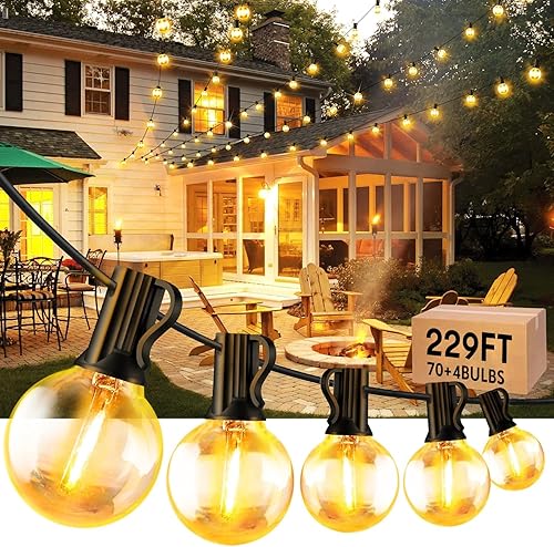 KNONEW Guirnalda de luces LED para exteriores de 230 pies, con forma de globo con 2700 K blanco cálido, 70 bombillas LED G40 inastillables, tira de