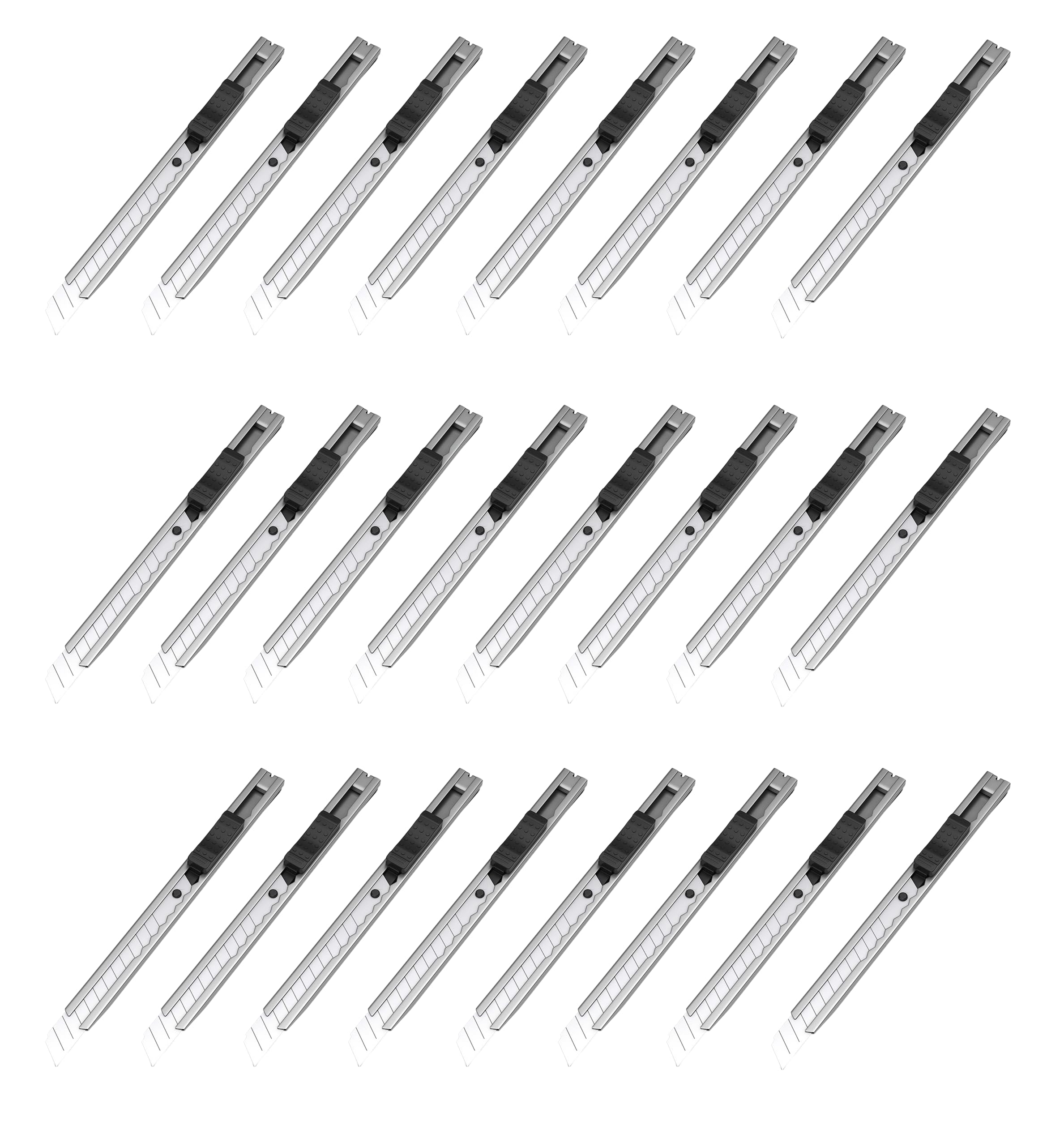 Cuttermesser 9mm 24 Stück Metallgehäuse - Universalmesser mit Stahlklinge und Auto-Lock - Teppichmesser mit robustem Gehäuse aus Metall silber