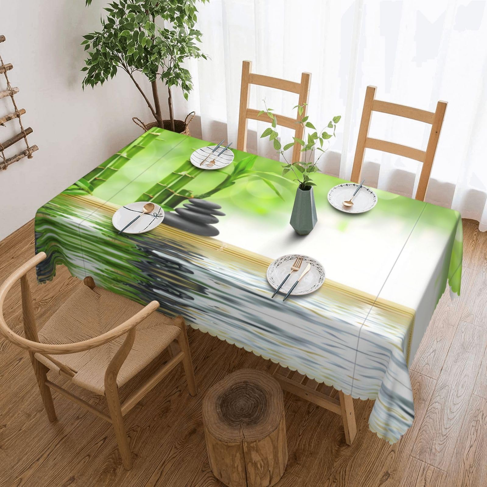 QAZWZML Stone Bamboo Printed tablecloth, made of thick polyester with lace trim, suitable for dining rooms, picnics, and weddings